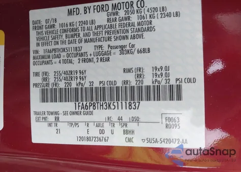 2019 Ford Mustang Ecoboost из США, поврежденный, VIN 1FA6P8TH3K5111837